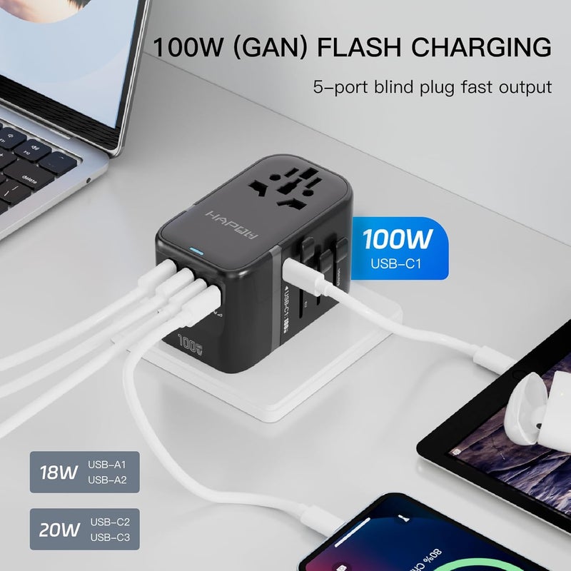 HAPOW Universal Travel Adapter, PD100W International Power Adapter,3 USB-C & 2 USB-A Fast Charging Travel Charger, All in One Worldwide Travel Plug Adapter, Outlet Adapter for EU UK USA AU, Black - Image 2
